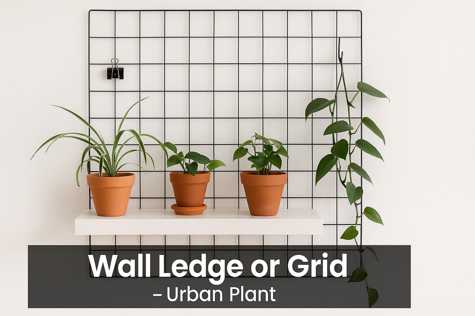 Wall ledge and black grid plant display with terracotta potted plants against a white wall – Urban Plant